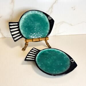 Paola Navone Fish Dish Set of 2 MCM Style Pottery Plates Made in Portugal